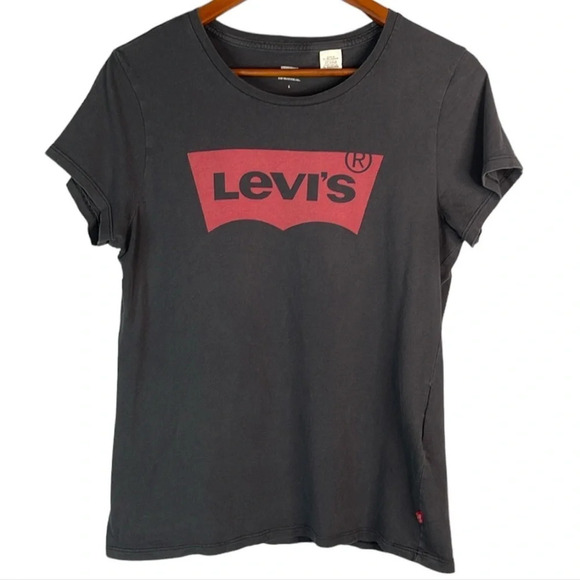 LEVIS Black Red Tab Graphic Logo Crewneck Short Sleeve T-Shirt Girl Fit Size L - Picture 2 of 11